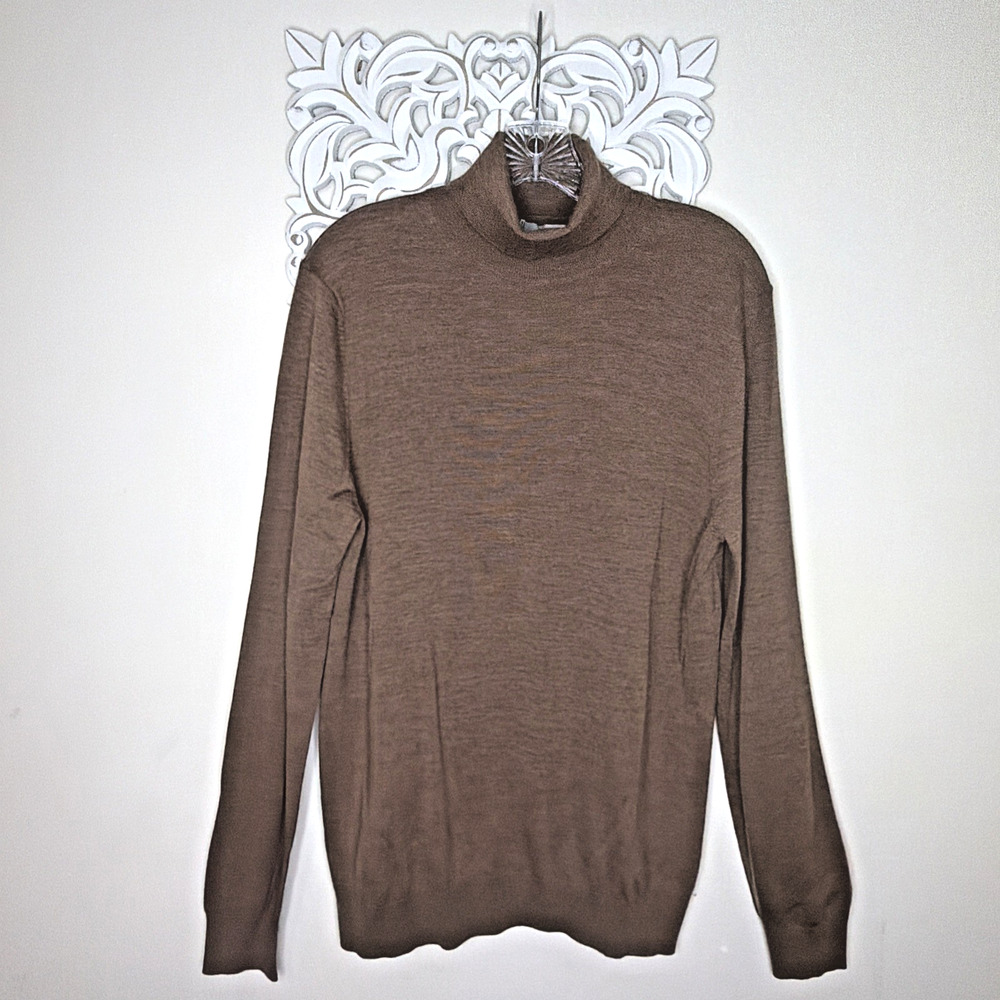 MNG MAN size Medium Shirt Extrafine Merino Wool Rolled Neck Long Sleeves BROWN